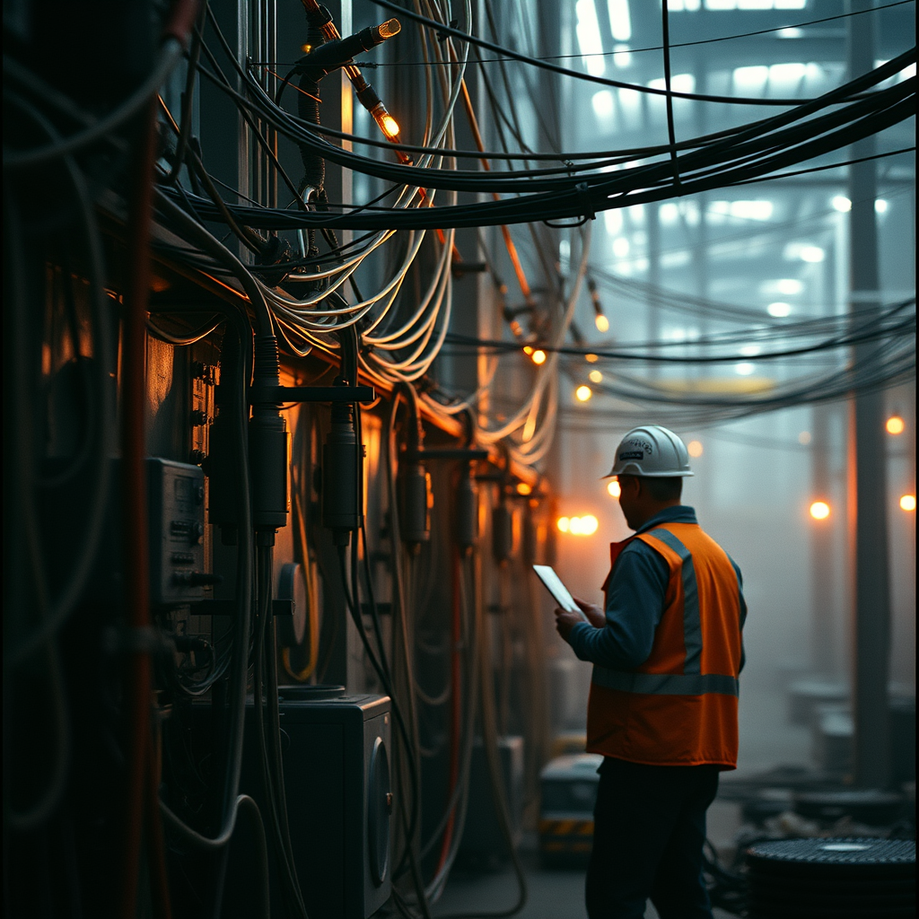 electricidad industrial, cables, paneles eléctricos y trabajadores en acción