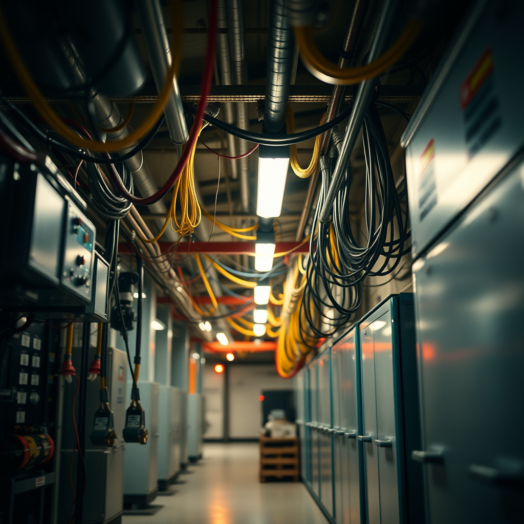 electricidad industrial, instalaciones eléctricas en un entorno comercial e industrial, cables, maquinaria y paneles eléctricos