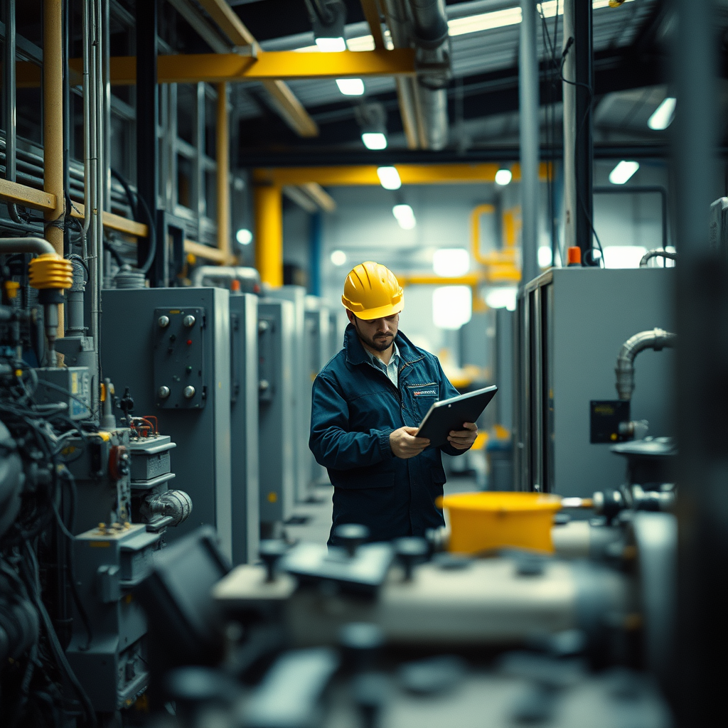 electricidad industrial, maquinaria y equipos eléctricos en un entorno de planta industrial, técnicos trabajando en mantenimiento eléctrico