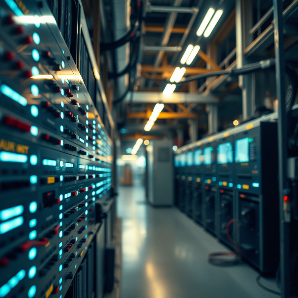 electricidad industrial, paneles de control y automatización con luces LED y cableado moderno en un ambiente industrial