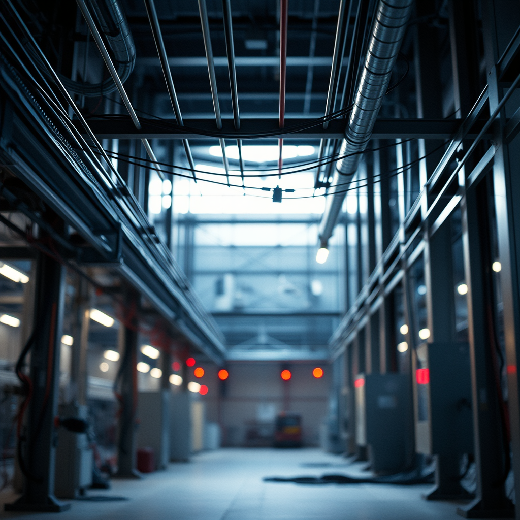 electricidad industrial, subestaciones eléctricas, equipos y cableado de alta tensión, entorno industrial moderno