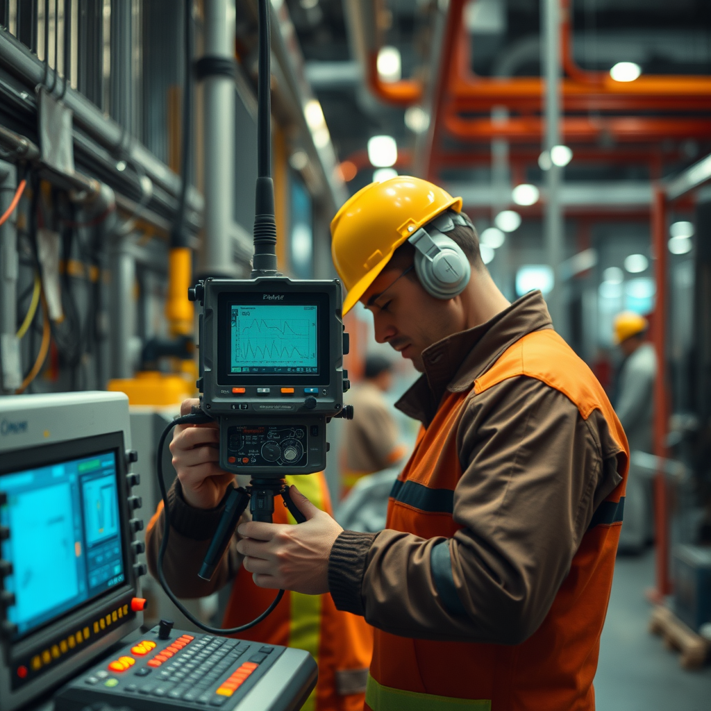 electricidad industrial, verificación de sistemas eléctricos, entorno industrial moderno, equipos de medición y tableros eléctricos